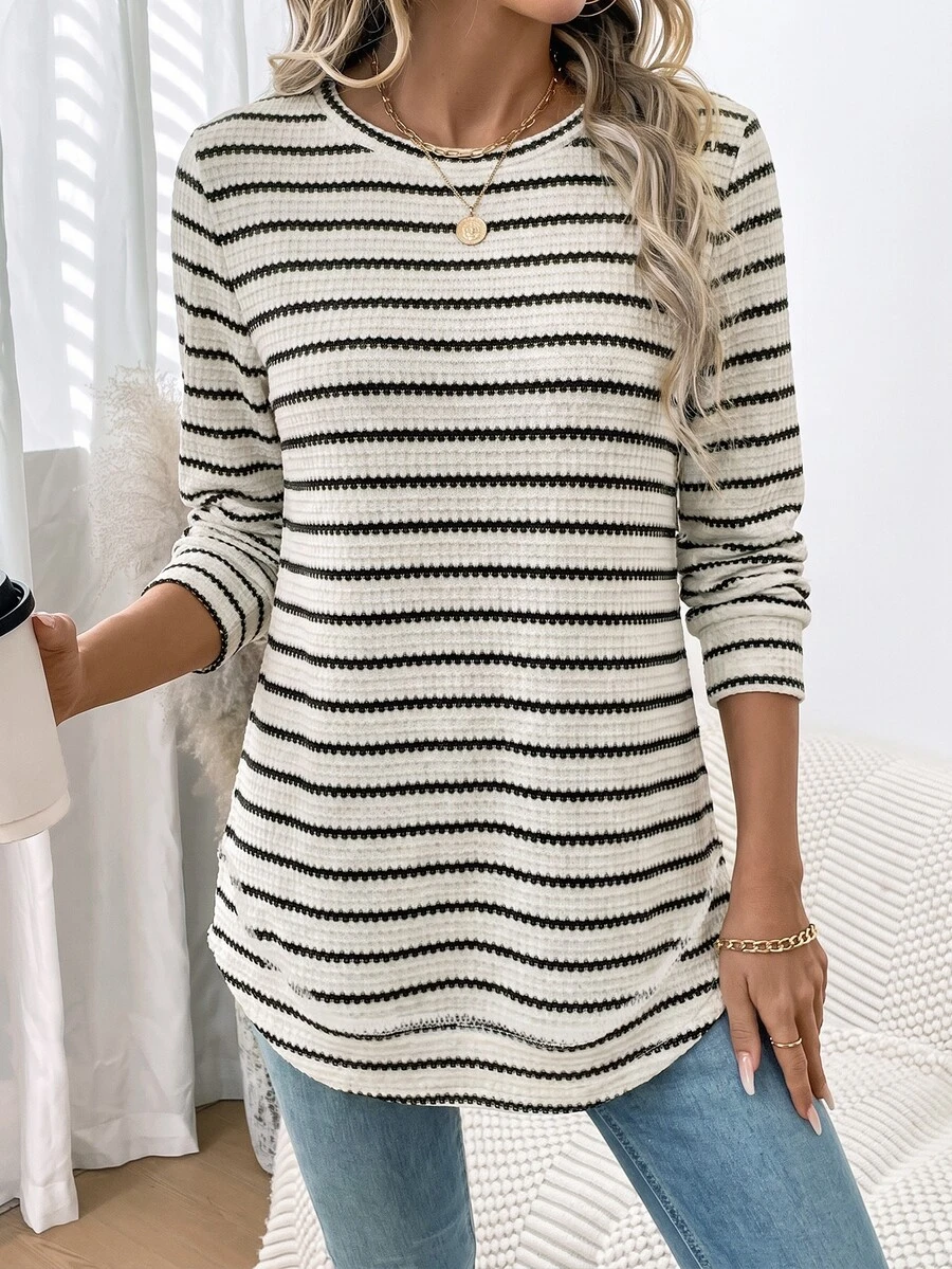 SHEIN LUNE Women's Casual Crew Neck Sweatshirt With Asymmetrical Hem, Textured Jacquard Striped Fabric, Suitable For Autumn/Winter - Olive Green - View 1