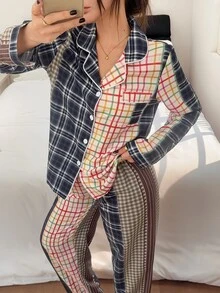Napfluff Contrast Color Mixed Plaid Pajama Set, Classic Lapel Long Sleeve Loose Fit Loungewear 2 Pieces Set - Multicolor - View 6