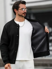 Marvello Homme 男士前開扣長袖開襟衫 - 黑色 - 查看 7