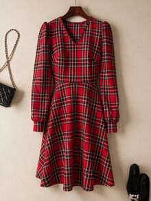 Rusticease Middle-Aged Women Plaid Pattern Long Sleeve V-Neck Waist-Cinching Dress - Black - View 1