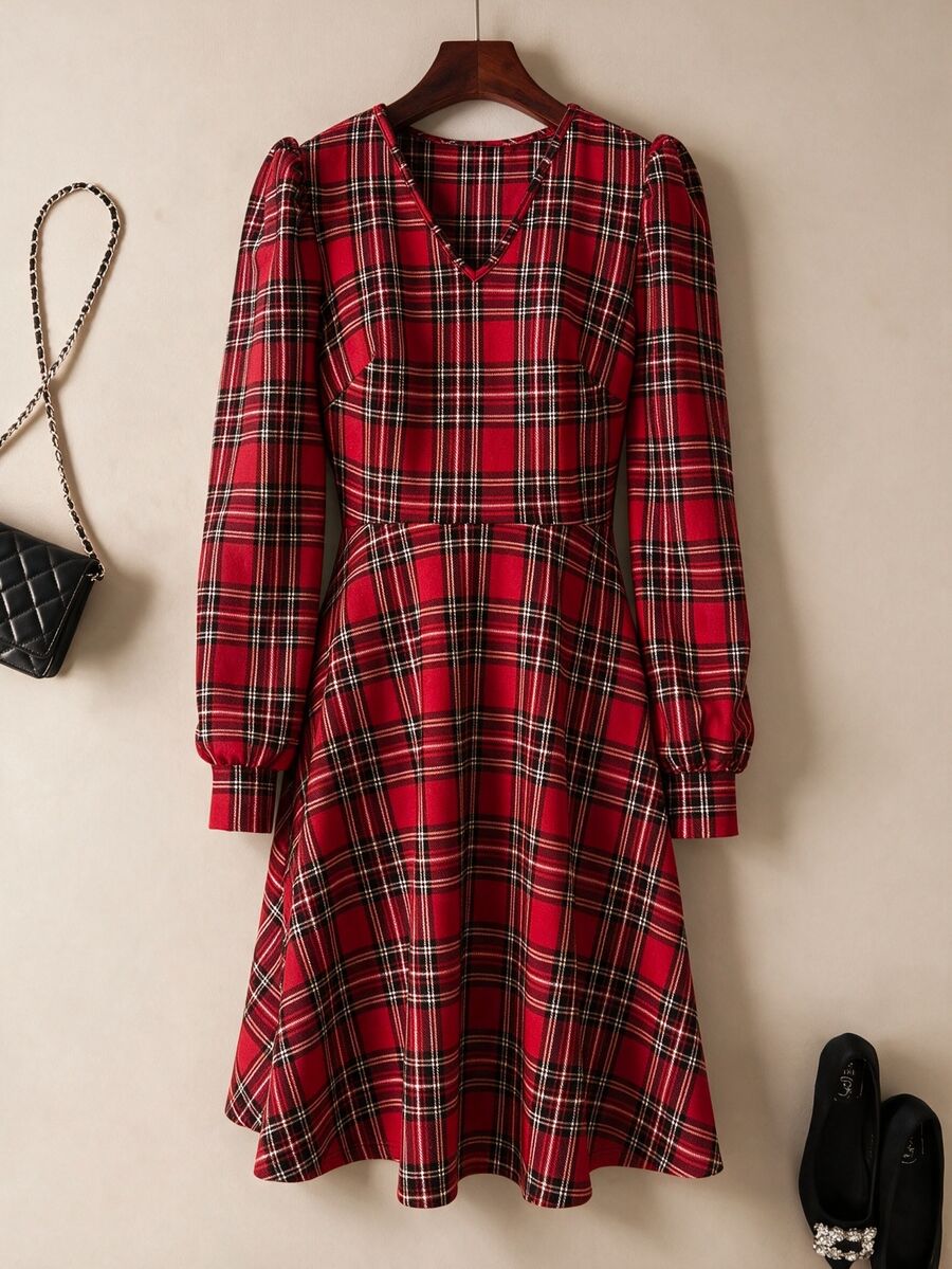 Rusticease Middle-Aged Women Plaid Pattern Long Sleeve V-Neck Waist-Cinching Dress - Black - View 1