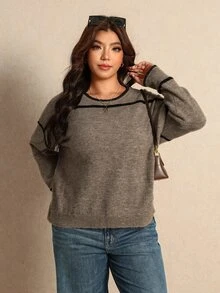 Elaquor Plus Size Women's Round Neck Colorblock Patchwork Fashion Minimalist Sweater Winter - Camel - View 4