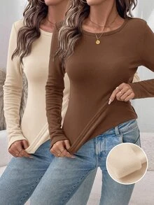 SHEIN LUNE 2件組女款純色圓領長袖保暖內裡休閒T恤 - 彩色 - 查看 1