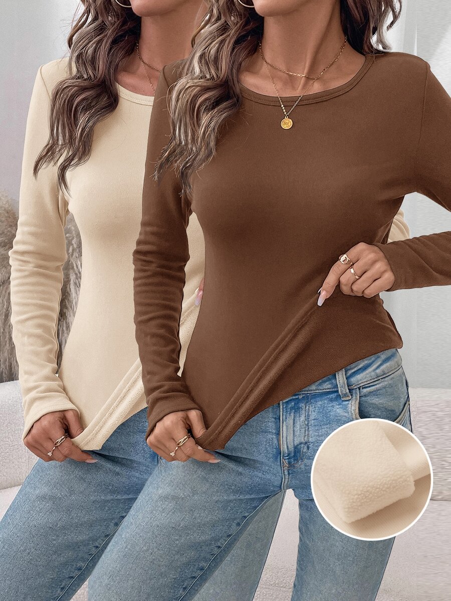 SHEIN LUNE 2件組女款純色圓領長袖保暖內裡休閒T恤 - 彩色 - 查看 1