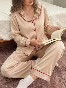 Livesso Women's Contrast Trim Ruffle Collar Single-Breasted Long Sleeve Top & Casual Long Pants Pajama Set - Pink - View 1