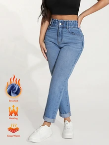 SHEIN PETITE 女款高腰鈕扣口袋時尚牛仔褲街頭風 - 藍色 - 查看 1