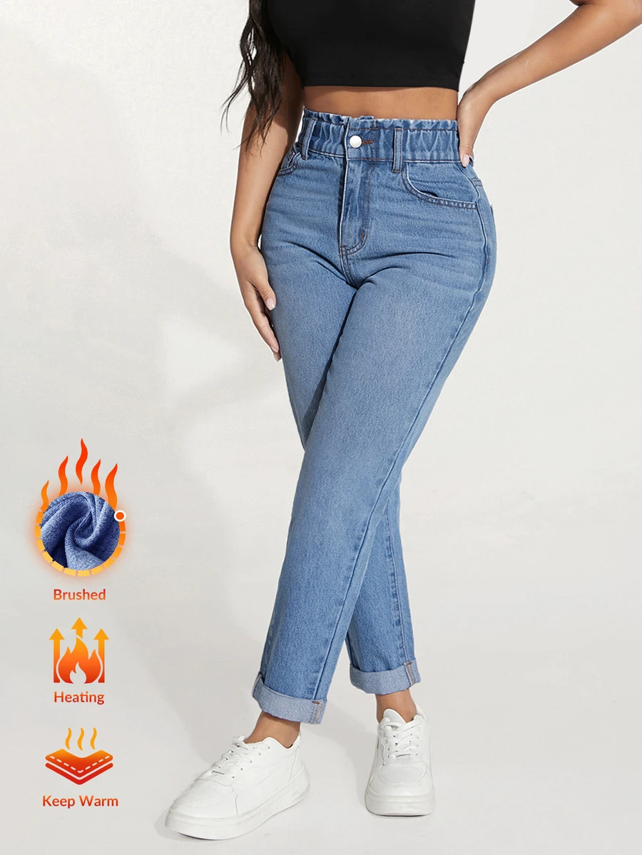 SHEIN PETITE 女款高腰鈕扣口袋時尚牛仔褲街頭風 - 藍色 - 查看 1
