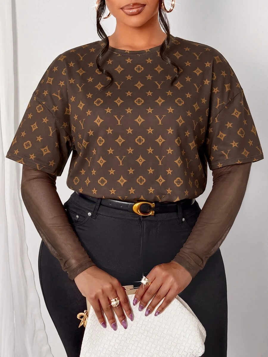 SOLERSUN Plus Size Women Letter Print Contrast Mesh 2 In 1 T-Shirt Fall Vacation Going Out Casual Cargo - Brown - View 1