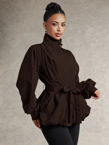 Silquee Women's Fashion Vintage Elegant Button Pocket Long Sleeve High Neck Jacket Office Burgundy Autumn - Coffee Brown - View 8