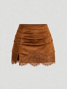 SHEIN Franclia 女款蕾絲拼接時尚百搭日常穿著裙 - 棕色 - 查看 7