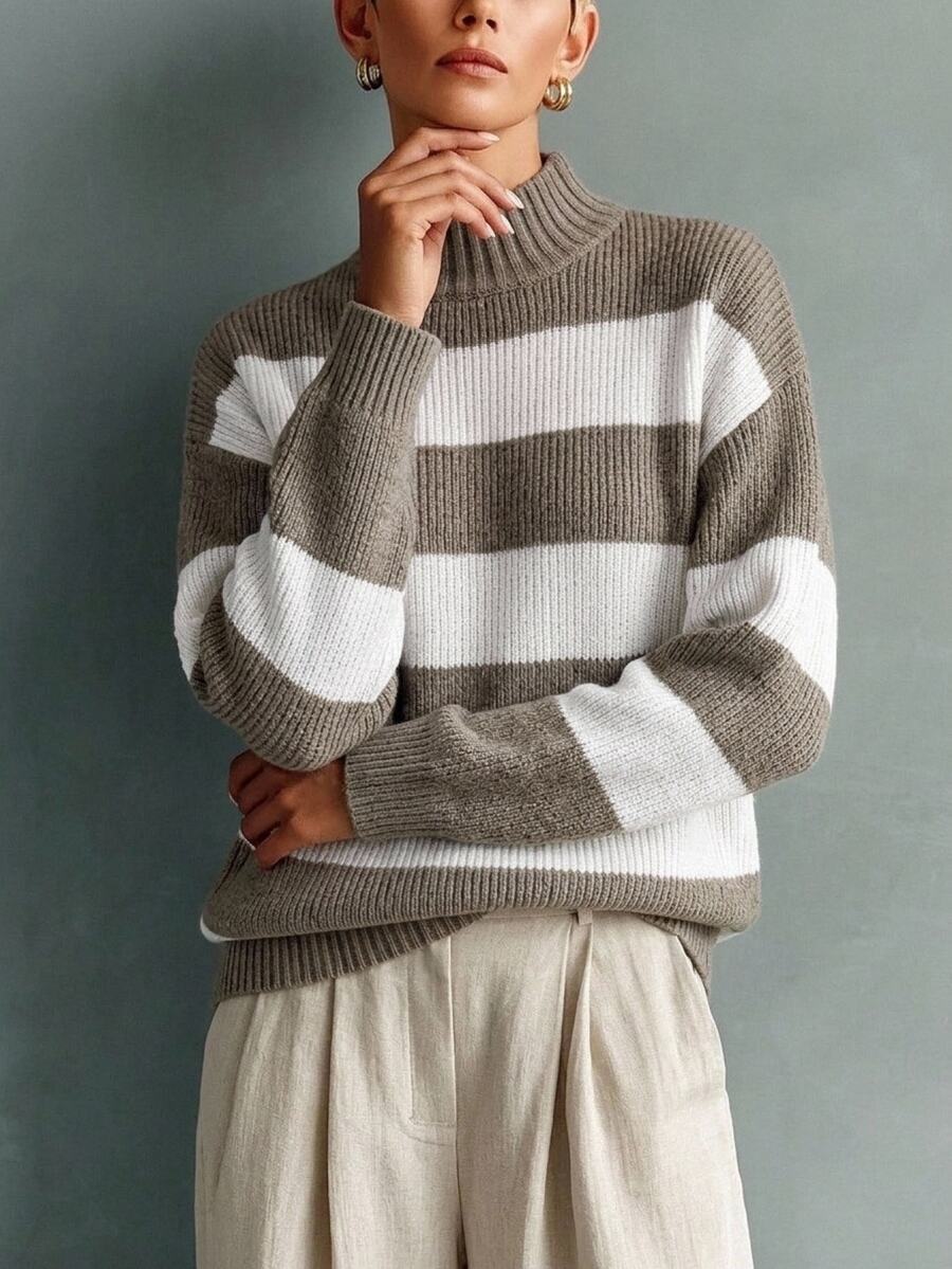 Solivie Women's Autumn/Winter High Neck Striped Sweater Women Fall Winter Sweater Going Out Tops Work Tops For Women Casual Blouses