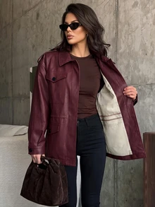 Struktiv Women's Autumn/Winter Fashion Casual Loose Pocket Design Cinched Waist Long Sleeve Leather Premium Feel Suitable For Daily Commute Shopping Date Street Style Regular Jacket - Burgundy - View 4