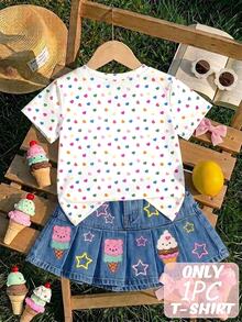SHEIN Playful Pals 女童T恤，四季穿著，春夏秋冬，舒適時尚街頭風，適合4-7歲女孩，甜美可愛冰淇淋彩虹愛心卡哇伊，度假日常上學聖誕節情人節 - 白色 - 查看 2