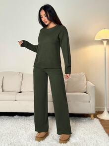 SHEIN PETITE 女款純色圓領長袖毛衣與長褲休閒常規套裝，秋冬款 - 軍綠色 - 查看 5