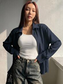 Dazy Kids 青少年女孩寬鬆休閒長袖紋理領襯衫 - 藏蓝色 - 查看 1