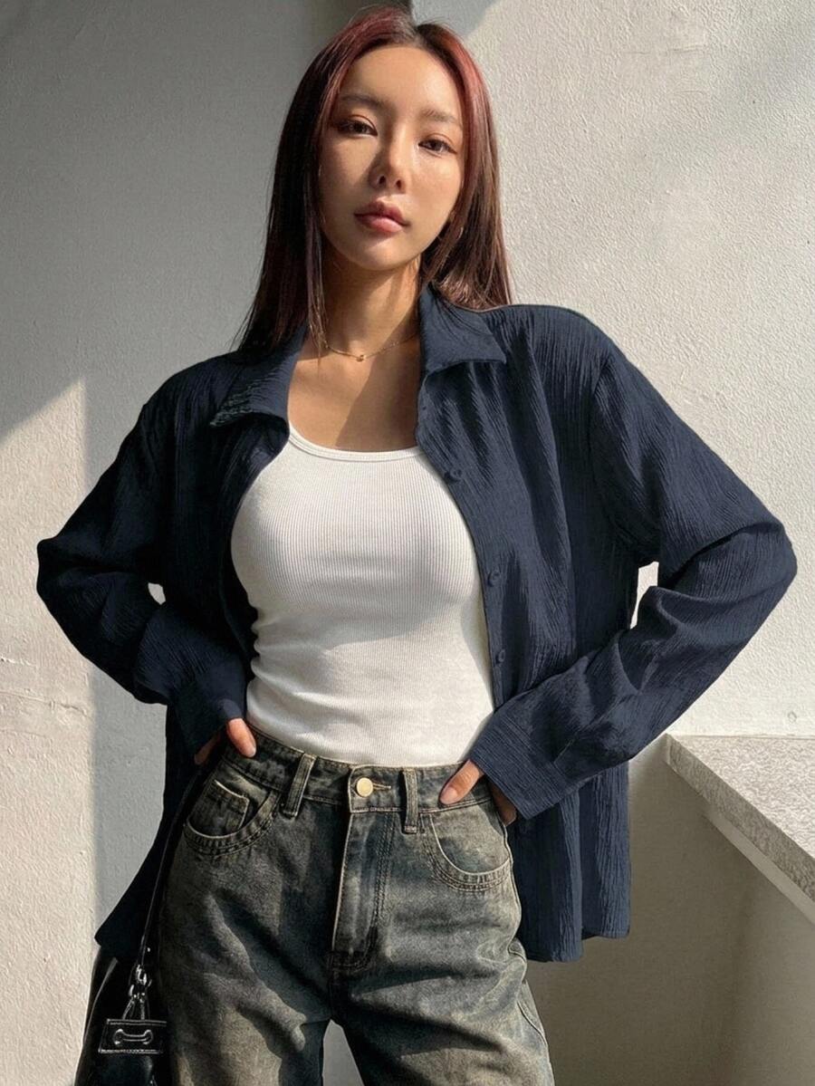 Dazy Kids 青少年女孩寬鬆休閒長袖紋理領襯衫 - 藏蓝色 - 查看 1