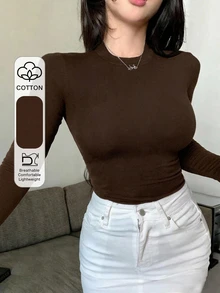 DAZY 女款夏季小立領長袖修身裹身性感休閒百搭打底T恤 - 鏽棕色 - 查看 4