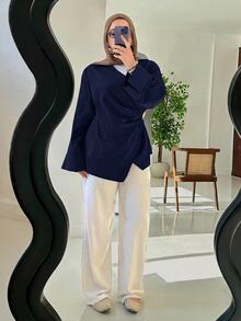 Solavon Plus Size Minimalist Metal Buckle Ruched Asymmetrical Hem Shirt - Navy Blue - View 5