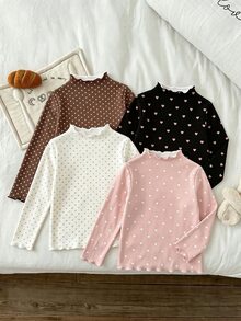 SHEIN Vintaside Kids 女童可愛圓領長袖荷葉邊設計愛心波點印花T恤 - 彩色 - 查看 4