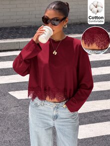 Muchica 女款蕾絲拼接休閒百搭日常穿著T恤，純棉蕾絲立領不對稱下擺修身優雅Y2K夏季白色T恤 - 酒紅色 - 查看 1