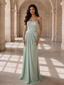 Coutiva Women's Sequin Ruched Elegant Formal Waist-Cinched Strapless Evening Prom Graduation Dress Sage Green Fall New Year Luxury Prom Dresses - Dusty Blue - View 4