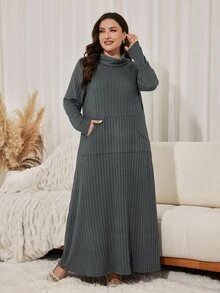 Lacomfia Plus Size Women's Loose Casual A-Line High Neck Long Sleeve Elastic Ribbed Long Dress, Autumn - Dark Grey - View 1