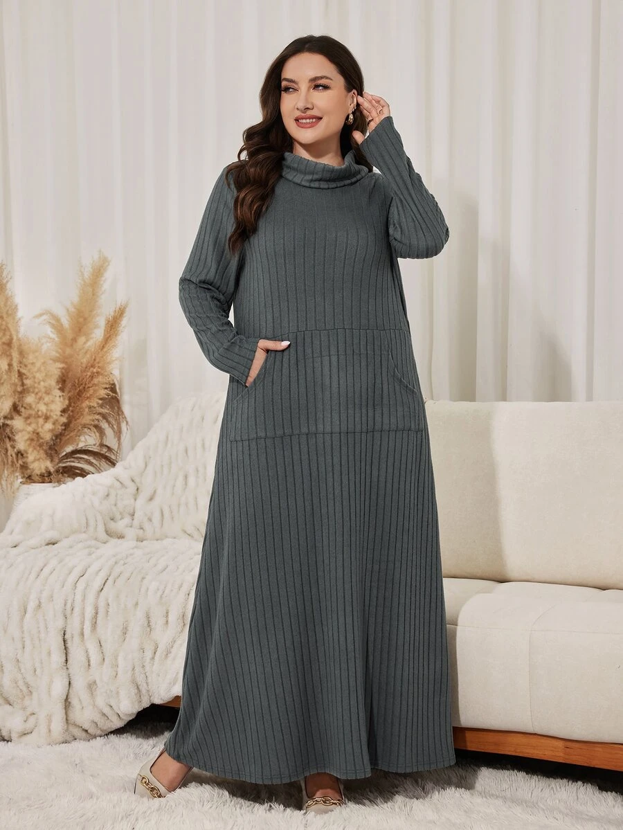 Lacomfia Plus Size Women's Loose Casual A-Line High Neck Long Sleeve Elastic Ribbed Long Dress, Autumn - Dark Grey - View 1