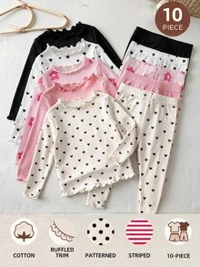 SHEIN LMoss Kids 女嬰針織純色波點條紋愛心圖案荷葉邊飾T恤與長褲10件套 - 彩色 - 查看 5