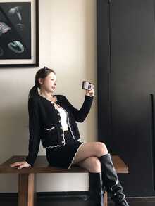 DAZY Women's Front Button Long Sleeve Top And Mini Skirt 2 Pieces Set - Black - View 3