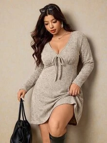 Elaquor Plus Size Women's V-Neck Solid Color Fashion Casual Dress - Apricot - View 6