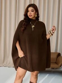 Auralis Plus Size Sweater Dresses/Brown Plus-Size Knee-Length Knit Dress – Loose Cape-Style, High-Stretch, Stand Collar – Suitable For Parties & Dates - Brown - View 1