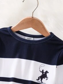 SHEIN Set Piyama Bayi Laki-laki Motif Garis-garis Blok Warna dengan Logo Kuda Poni, Lengan Panjang, Leher Bulat, dan Celana Panjang Pas Badan - MultiWarna - View 7