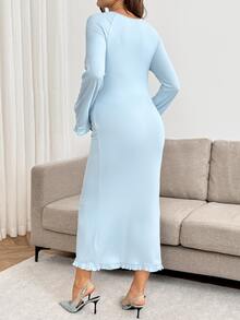 SHEIN Maternity Solid Color Round Neck Ruffle Hem Fashion Elastic Dress - Blue - View 7