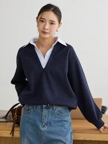 Dazy-Less Women's Navy Blue Hooded Drawstring Long Sleeve Loose Solid Color Front Pocket Casual Pullover Sweatshirt, Autumn/Winter - Navy Blue - View 7