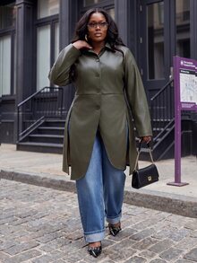 Slaydiva Blazer Panjang Kulit Imitasi Ukuran Besar, Jaket Slim Fit Kancing Tunggal - Hijau Army - Hijau - View 5
