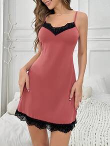 SHEIN 夏季對比色蕾絲細肩帶睡裙睡衣 - 粉色 - 查看 4