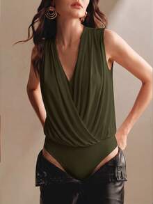 Anewsta Essential Spring/Summer Elegant Fashion Casual Party Date Holiday Outing Vacation Sexy Ruched Knit Elastic Sleeveless Women's Bodysuit - Army Green - View 2
