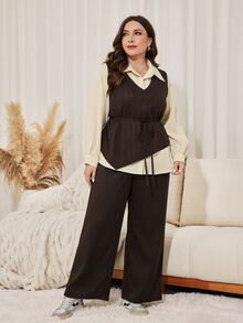 Modelyn Plus Size Women Solid Color Button Shirt And Asymmetrical Hem Tank Top With Pants Set Party Office Beige Fall Elegant Casual - Brown - View 5