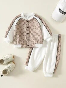 SHEIN 男女嬰幼兒 2件組 秋冬加厚抓絨內裡 時尚可愛拼色插肩袖運動衫套裝 外套套裝 嬰兒冬季套裝 運動服聖誕款 - 白色 - 查看 3