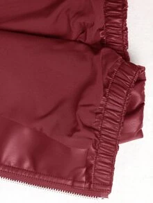 SHEIN LUNE 女款拉鍊短款PU皮革夾克，秋季服飾，飛行員夾克戶外穿搭，深棕色公路旅行旅行休閒街頭風街頭服飾夜生活 - 酒紅色 - 查看 6