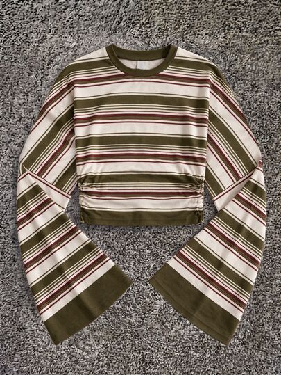 Attitoon Autumn New Green Striped Batwing Sleeve Fitted Long Sleeve T-Shirt, Elegant Casual Fashion All-Match Top For Spring Summer Autumn Winter, Suitable For Outings And Parties, Urban Fashion Business Women's Office Wear, Low-Key Old Money Style Sophisticated Commuter Airport Outfit, Versatile Street Style Coffee Shop Relaxed Look