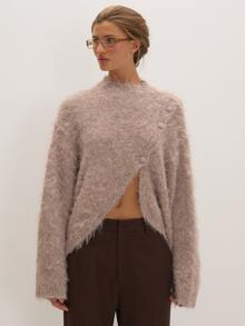 MUSEYN Stone Fluffy Knit Asymmetic Button Sweater Versatile Everyday Date Night Chic New Season Fall - Light Grey - View 1