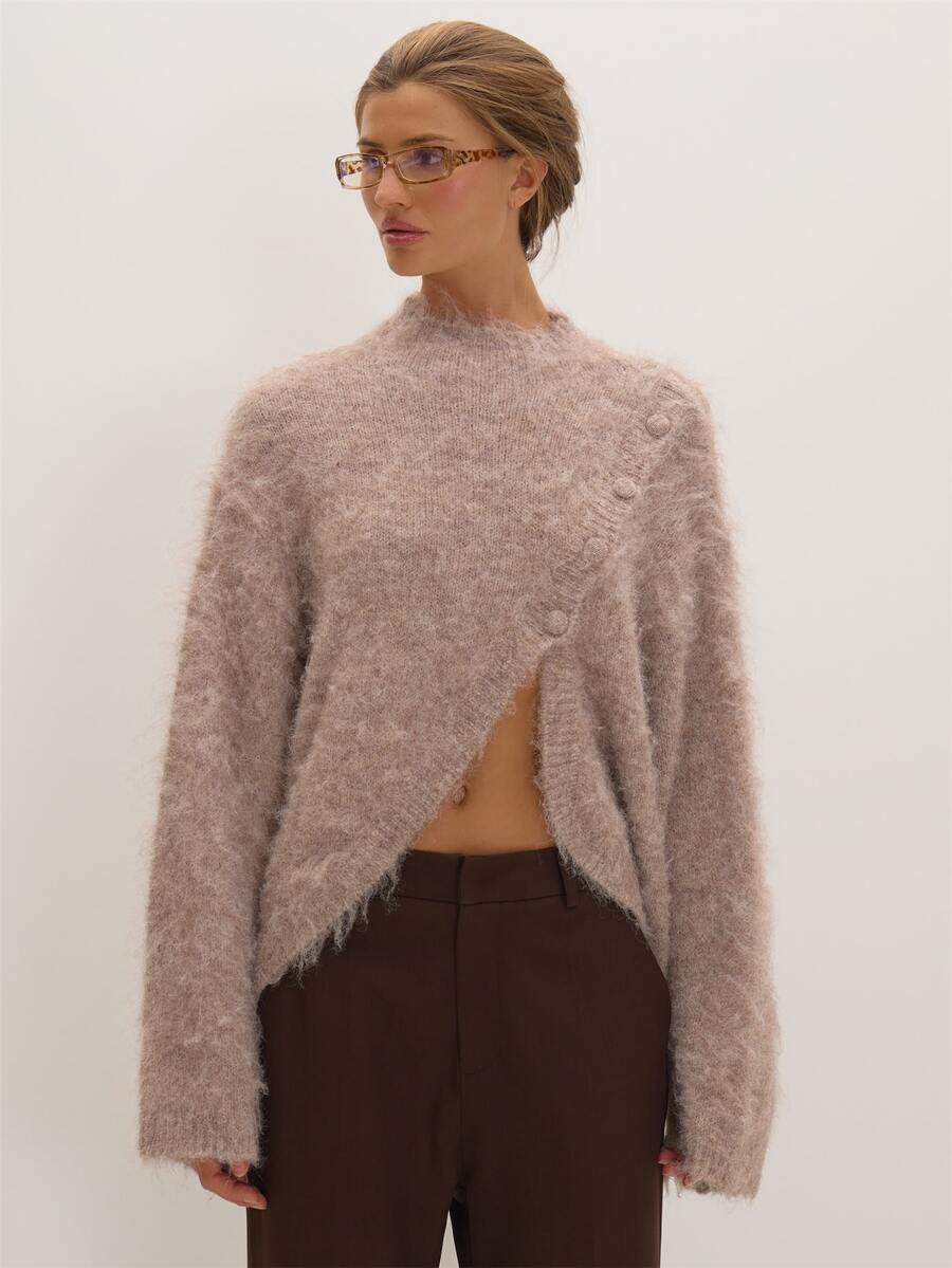 MUSEYN Stone Fluffy Knit Asymmetic Button Sweater Versatile Everyday Date Night Chic New Season Fall - Light Grey - View 1
