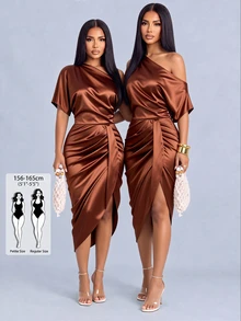 SOLERSUN Tall Women's All-Season Elegant Brown Satin Asymmetrical Shoulder Ruched Bodycon Midi Dress For Party, Gathering And Commute - Brown - View 1