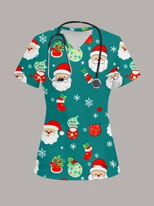 PopScrub Fun Christmas Snowflake Gift Socks Santa Claus Christmas Hat Women's Scrub Uniform Top - Multicolor - View 1