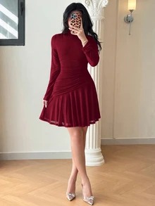 Feyla 女款優雅百褶高領修身短洋裝，喇叭下擺，春/秋季粉色迷你洋裝 - 酒紅色 - 查看 5