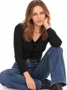 Dayvera Ribbed V-Neck Cardigan Long Sleeve Knit Top - Black - View 4