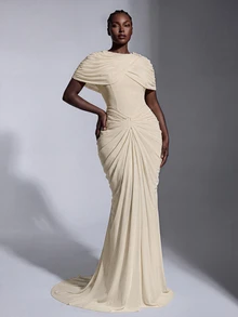 Elitara Plus Size Elegant Luxurious Elastic Knit Mesh Ruched Mermaid Dress, Suitable For Wedding, Event, Bachelorette Party, Vacation, Ball, Evening Dress - Khaki - View 5