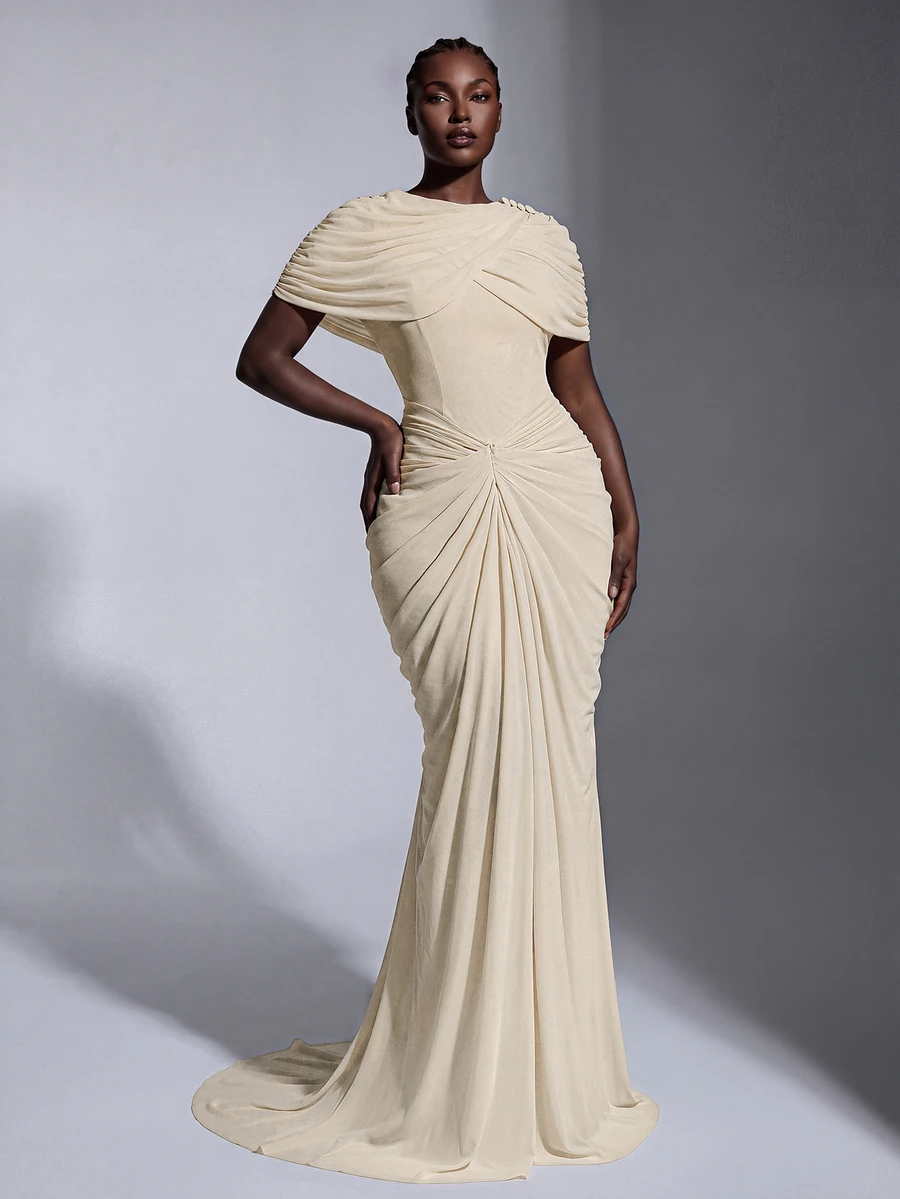 Elitara Plus Size Elegant Luxurious Elastic Knit Mesh Ruched Mermaid Dress, Suitable For Wedding, Event, Bachelorette Party, Vacation, Ball, Evening Dress - Khaki - View 1