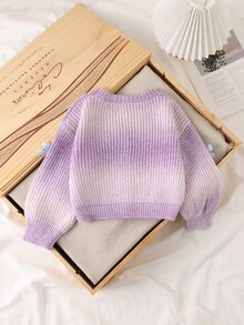 SHEIN Playful Pals 女童蝴蝶結裝飾漸層色開襟衫，適合秋冬穿著 - 紫色 - 查看 2
